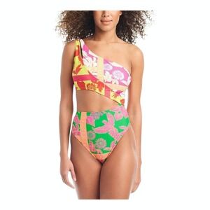 Bar III Womens One-Shoulder Cut-Out One-Piece Swimsuit Multi sz L Paradise Club